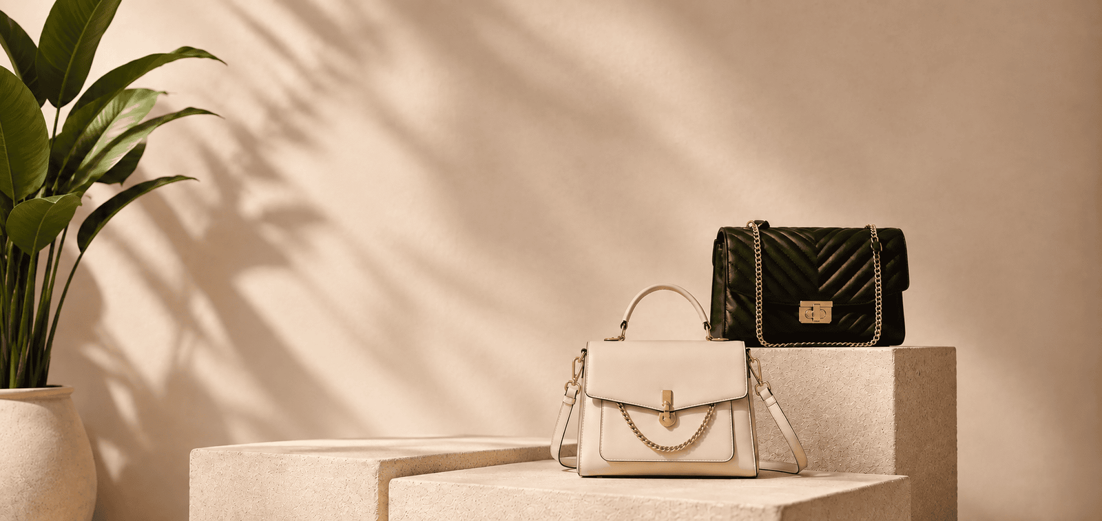 Black and cream handbags styled on sculptural stone plinths