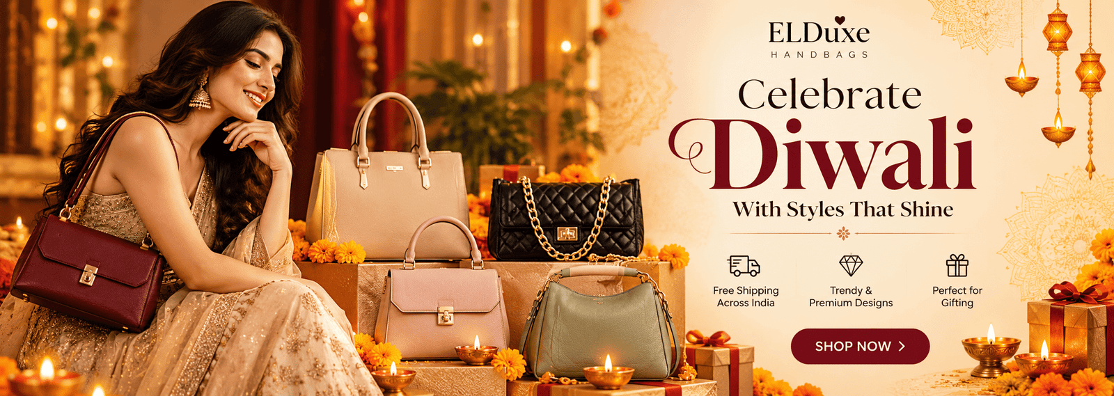 Model and ELDuxe handbags in a warm festive Diwali display