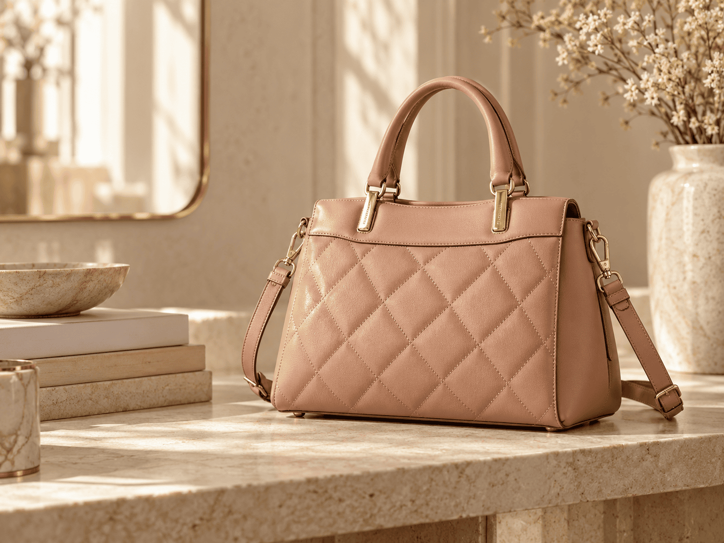 Blush tan quilted handbag displayed on a warm cream stone console